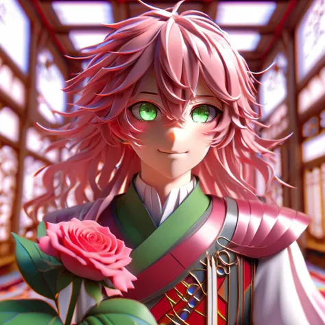 anime girl with pink hair and green eyes holding a rose