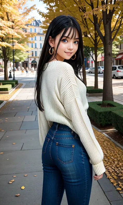 1girl, full body, skinny,
black hair, long hair, blue eyes, earrings, white ribbon,
standing, light smile, looking at viewer, posing for a photo, view from behind,
city, town square, autumn, trees,
((Hasselblad photography)), finely detailed skin, sharp fo...