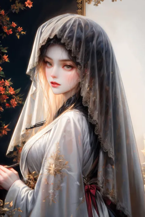 qgufeng,game icon institute,game icon,1girl,solo,long hair,paintbrush,looking at viewer,black eyes,white background,veil,blonde hair,white silk robe,<lora:OIL:0.5>,<lora:classic_oil_painting:0.7>,<lora:add_detail:1>,