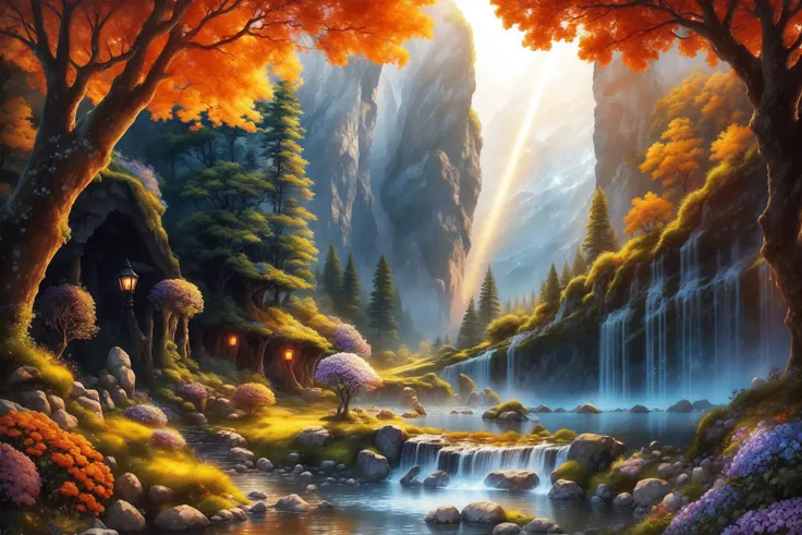 masterpiece, best quality landscape, dramatic lighting, intricate details, sharp focus, 16k, professional illustration, luminous tall flowers, magical glowing orange forest, waterfall, glistening stream, fantasy, starry night, dusty light rays, lit mountai...