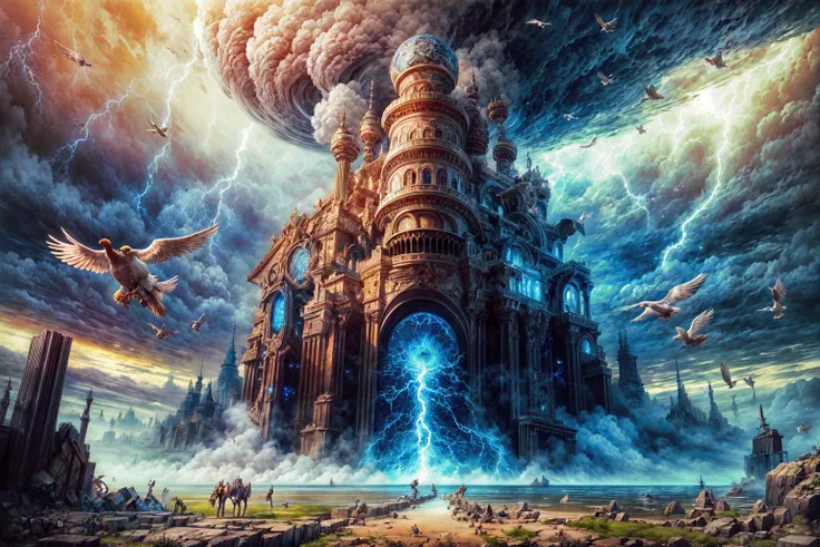 masterpiece, best quality landscape, dramatic lighting, intricate details, sharp focus, 16k, professional illustration, (fleet of airships:0.8), birds, storm, swirling vortex in sky, lightning, (tornado:1.2), fantasy, (full view) <lora:add_detail:0.5> <lor...