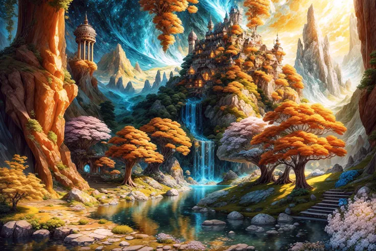 masterpiece, best quality landscape, dramatic lighting, intricate details, sharp focus, 16k, advntr, professional illustration, luminous tall flowers, magical glowing orange forest, waterfall, glistening stream, fantasy, starry night, dusty light rays, lit...