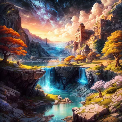 masterpiece, best quality landscape, dramatic lighting, intricate details, sharp focus, 16k, advntr, professional illustration, luminous tall flowers, magical glowing orange forest, waterfall, glistening stream, fantasy, starry night, dusty light rays, lit...