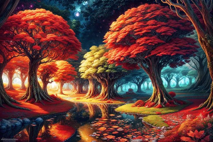 masterpiece, best quality landscape, intricate details, sharp focus, 16k, advntr, professional illustration, fluorescent flowers, (glowing redleaves:1.2), (magical forest:1.2), (hanging glowing crystals), (glistening water), (tall trees:1.1), (cottage:0.8)...