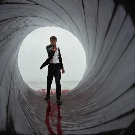 UHD, 4k, ultra detailed, cinematic, a photograph of <lora:Gun barrel sequence v2:1>
a man standing in a spiral tunnel shooting with a gun at camera with blood dripping down the sides,solo,short hair,shirt,black hair,1boy,jacket,white shirt,male focus,neckt...