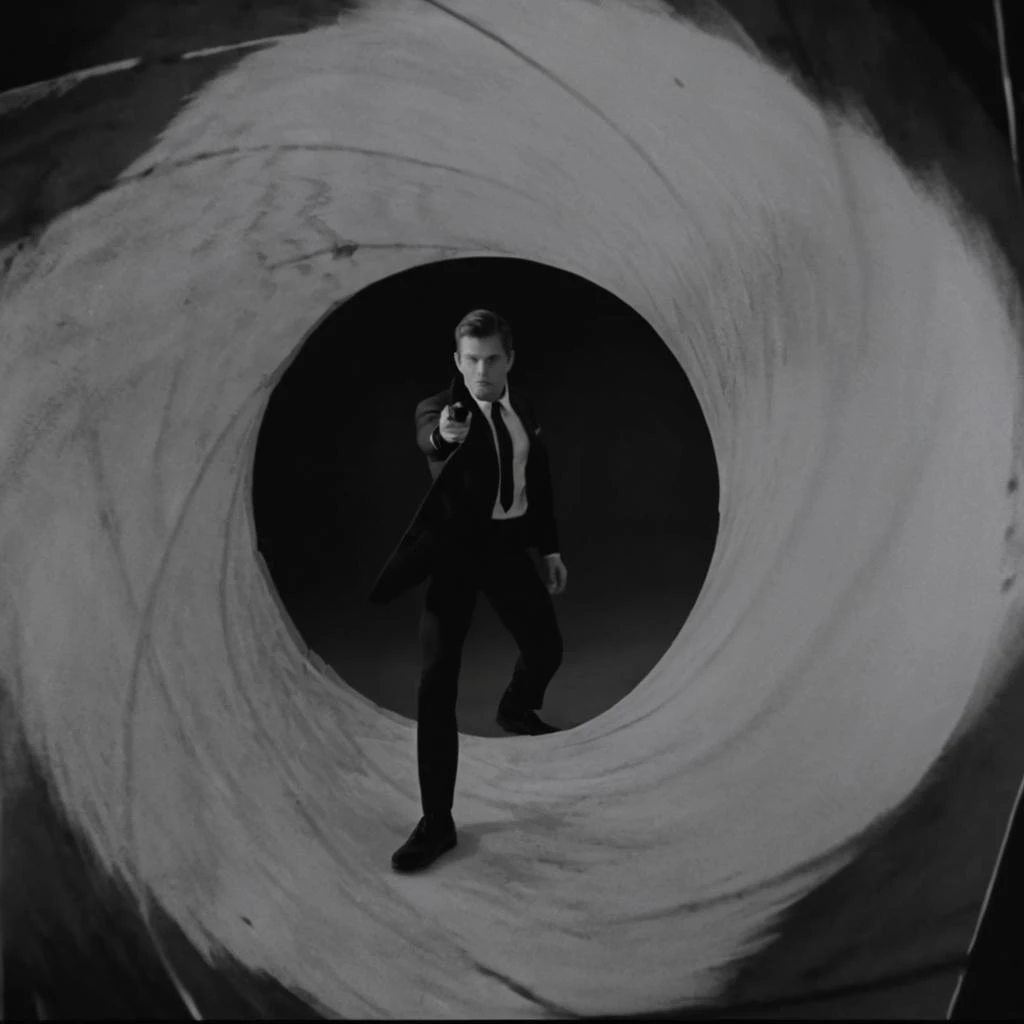 UHD, 4k, ultra detailed, cinematic, a photograph of <lora:Gun barrel sequence v2:1>
a man in a suit standing in a large black and white object aiming a gun at camera is see through a tunnel hole,solo,short hair,shirt,long sleeves,1boy,hat,standing,jacket,m...