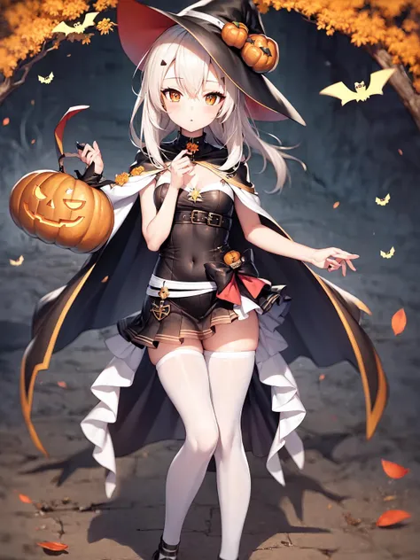 masterpiece, best quality, <lora:aya2-3:1>, halloween, silver hair, orange_skirt, cape, 1girl, solo