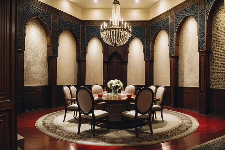 RAW photo,
 <lora:dreamlookai_realistic-vision-v3-0_lora_step_1200_db_f54fd103_ckp_576e7d9c:1> photo of luxury-arabic-1979 dinning room, <lora:add_detail:0.4>, <lora:epi_noiseoffset2:1>, 8k, uhd, high quality, film grain, Fujifilm XT3