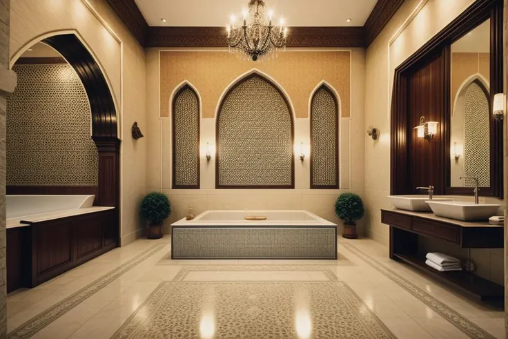 RAW photo,
 <lora:dreamlookai_realistic-vision-v3-0_lora_step_1200_db_f54fd103_ckp_576e7d9c:1> photo of luxury-arabic-1979 bathroom, <lora:add_detail:0.4>, <lora:epi_noiseoffset2:1>, 8k, uhd, high quality, film grain, Fujifilm XT3