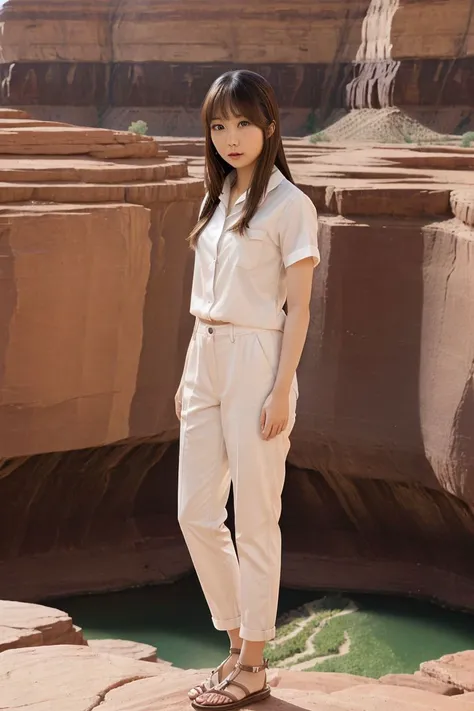 <lora:ai_takanashi_obj20:0.6 >, full_body, standing, sandals, (shirt), pants, (grand canyon), (ai_takanashi: 1.1), perfect face, (contact iris: 1.1), pale skin, skin pores , depth of field