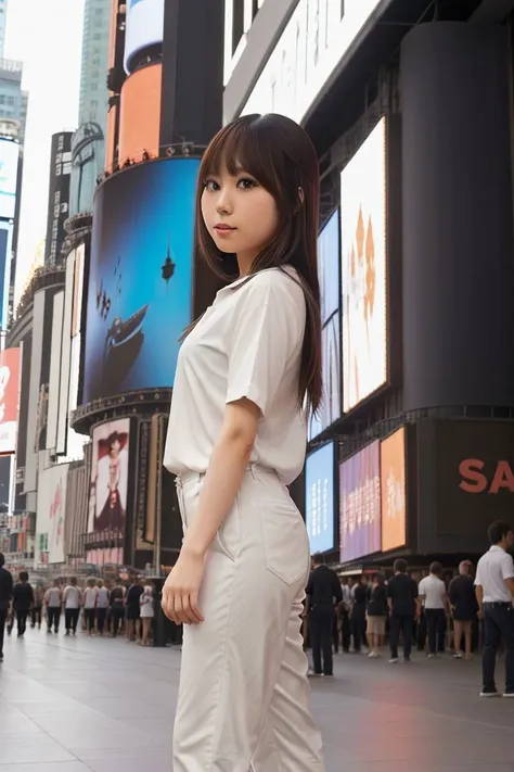 <lora:ai_takanashi_obj20:0.6 >, full_body, standing, sandals, (shirt), pants, (times square), (ai_takanashi: 1.1), perfect face, (contact iris: 1.1), pale skin, skin pores , depth of field