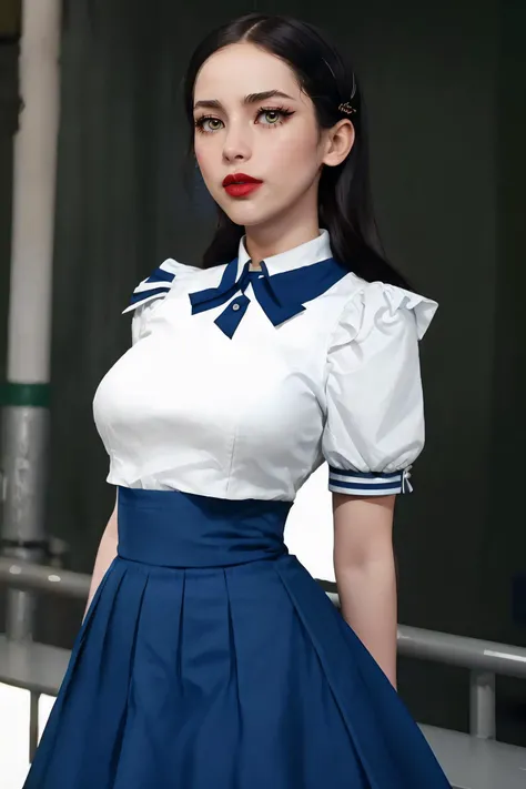 priscilla quintana, perfect skin, (smooth skin), eyeliner, red lips, lipstick, light green eyes, shoulder length hair,
high waist skirt, suspeneder skirt, sailor collar, short sleeves, puffy sleeves, dark blue skirt,
(upper body), upper body, boardwalk bac...