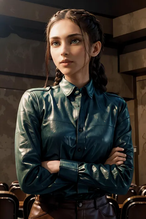 priscilla quintana, light green eyes, perfect skin, smooth skin, long hair, quad braids, brown hair, 
leather long sleeve shirt, dark blue leather long sleeve shirt, 
upper body, medium close-up, theater stage, bright lighting, arms crossed,
<lora:Priscill...