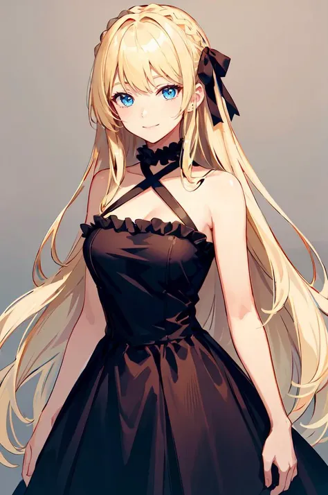 ultra detailed, masterpiece, best quality, solo, soft smile, light smile,
1girl, blue eyes, very long hair, blonde hair, long blonde hair, french braid, bangs, medium breasts,
hair ribbon, frilled choker, criss-cross halter, sleeveless dress, high-waist sk...