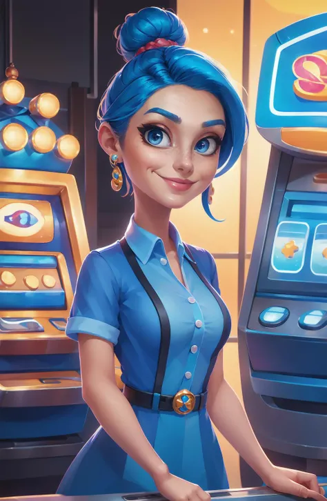 Concept art, character illustration, European and American cartoons, 1girl, solo, blue hair, freckles, blue eyes, earrings, jewelry, single hair bun, hair bun, belt, smile, breasts, short sleeves, medium breasts, dress, lips, collared shirt, looking at vie...