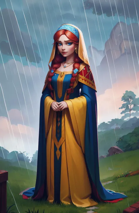 Concept art, character illustration, European and American cartoons, 1girl, rain, jewelry, solo, red hair, tree, necklace, long hair, grass, dress, outdoors, watermark, artist name, sad, wide sleeves, veil, blue eyes, braid, full body, copyright name, stan...