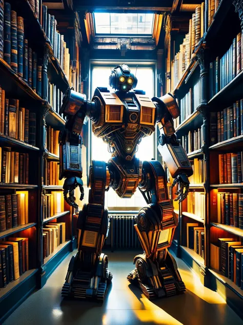 a close up of a robot in a library with books