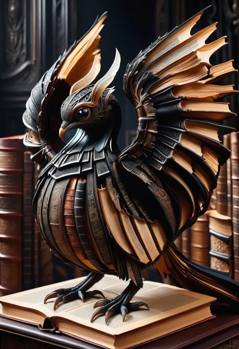 a close up of a book sculpture of a bird on a book