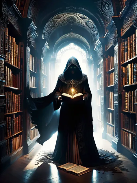 a woman in a dark robe holding a book in a library