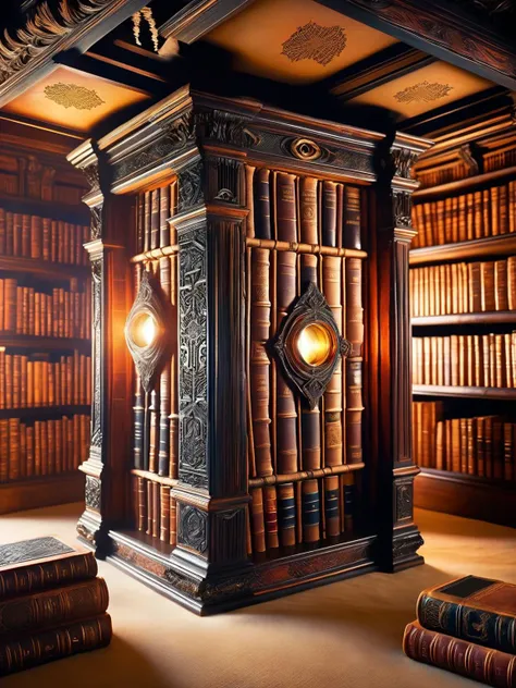 a close up of a large wooden book case in a library