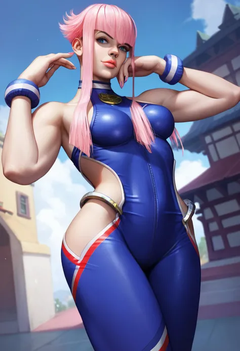 score_9, score_8_up, score_7_up, BREAK <lora:Manon:1> manonSDXL, 1girl, solo, blue eyes, medium breasts, pink hair, nail polish, lips, bracelet, bodysuit, skin tight, short hair with long locks, realistic, hip vent, side cutout, unitard, wristband, bare sh...