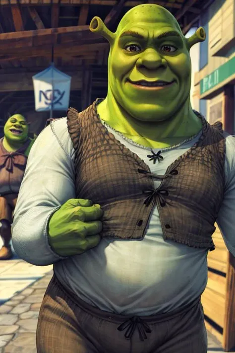 artgerm, masterpiece, best quality, 1boy, shrk, shrek, green skin, ogre, shrek ears, brown vest, burlap shirt, brown pants, solo, upper body, blurred background, realistic, <lora:stanley_lau_artgerm:1.2>, <lora:Shrek_remasteredV1:1>, <lora:add_detail:0.3>,...