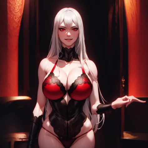 selvaria, (masterpiece, best quality, 1girl, standing,silver hair, , red eyes, ,(massive breasts:1.3),  lingerie, red bra, red panties, stare, intricate details, perfect eyes, chromatic aberration), , (interview:1.3), RAW photo, crazy look, smile, (evil:1....