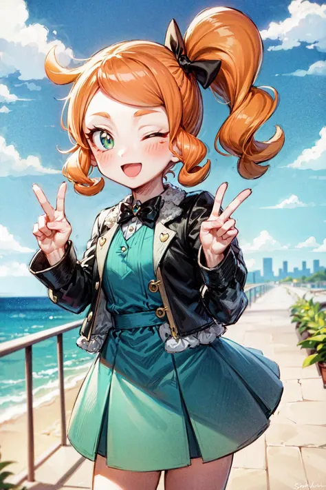 masterpiece,best quality,1girl,(solo),(chibi),sonia (pokemon),SoniaYoung,aqua eyes,side ponytail,orange hair,heart hair ornaments,long sleeves,dress,green dress,jacket,buttons,open clothes,bow,hair bow,black bow,smile,one eye closed,peace sign,v,looking at...