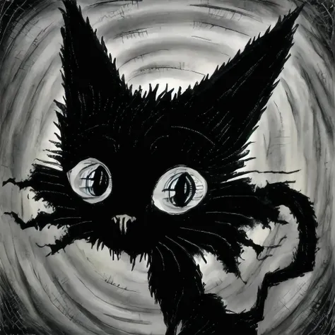 painting of a black cat with big eyes and a tail