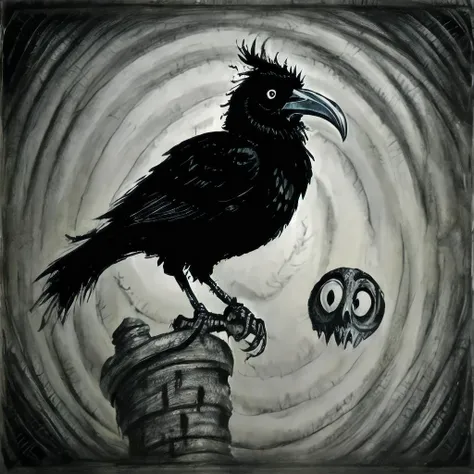 painting of a black bird sitting on top of a wooden post