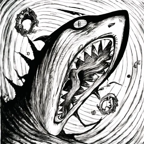 shark, junji ito manga, tim burton movie, ink lineart <lyco:t5darkfairytales:1.0>