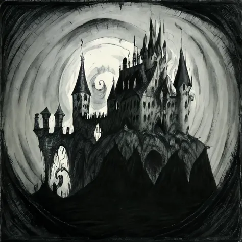 painting of a castle with a clock tower and a full moon