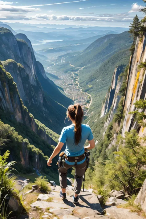 a woman climbing up a steep mountain with a view of a valley