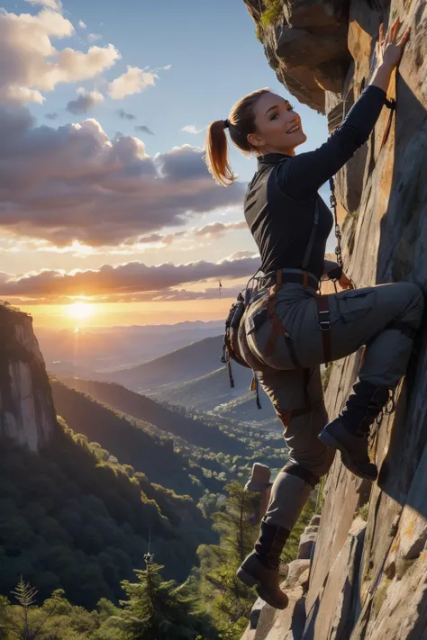 a woman climbing up a rock face to face with the sun setting in the background