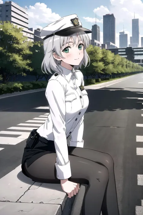 anime girl sitting on a wall in a city with a cityscape in the background