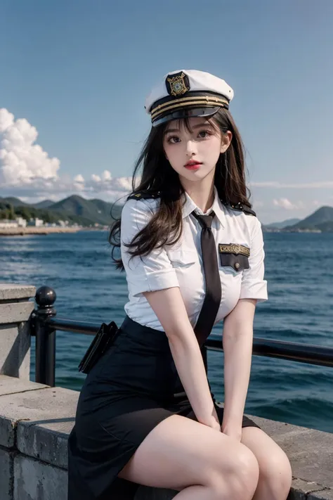 arafed woman in a sailor's uniform sitting on a wall