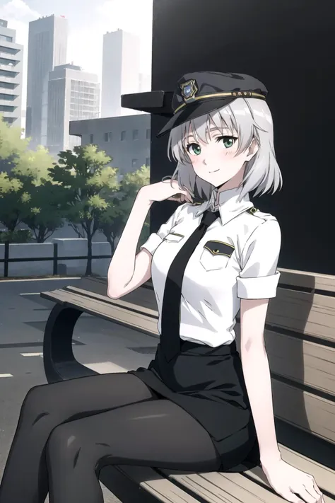 anime girl sitting on a bench in a city with a hat on