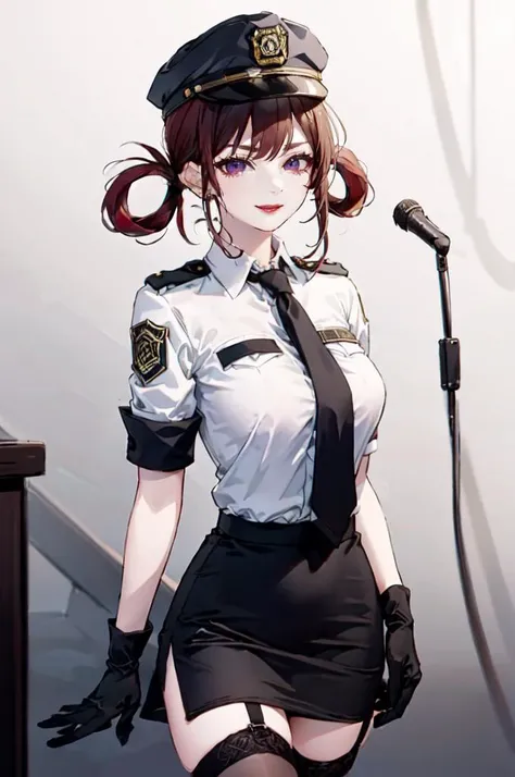 <lora:uniform_20230808200238:0.75> uniform11,police uniform,hat,, ultra detailed, masterpiece, best quality, aesthetic, detailed,, solo, seductive smile, red lips,
1girl, purple eyes, red hair, blunt bangs, medium breasts, <lora:hair_rings:1> low hair ring...