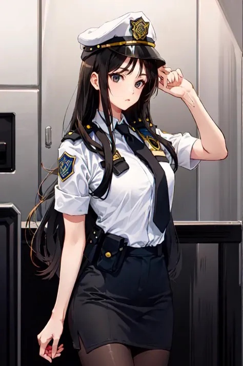 <lora:uniform_20230808200238:0.6> uniform11,police uniform,hat, <lora:akiyama_mio:0.8> aamio,black eyes,long hair,hime cut,blunt bangs,, ultra detailed, masterpiece, best quality, aesthetic, detailed,