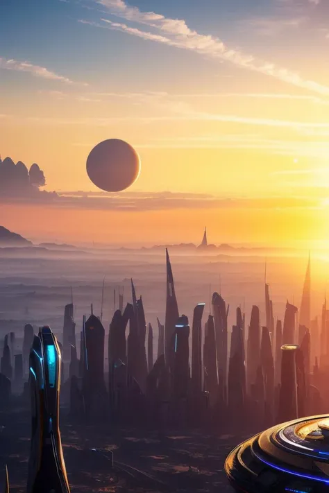 UHD, anatomically correct, textured skin, ccurate, super detail, high details, award winning, best quality, high quality,future world,city in an oasis, Science and technology sense architecture, A giant robot, There are two planets in the sky, Tiny human b...