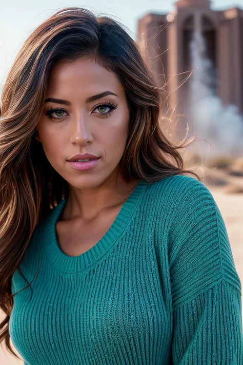 perfect cinematic shoot of a beautiful woman (JGcc4v4nn1:.99), a woman standing at a Desert Mirage , mascara,perfect hair, wearing sexy teal (sweater with (Modesty Panel:1.3):1.2), (geyser eruption in background:1.2), (detailed background:1.1), (face focus...