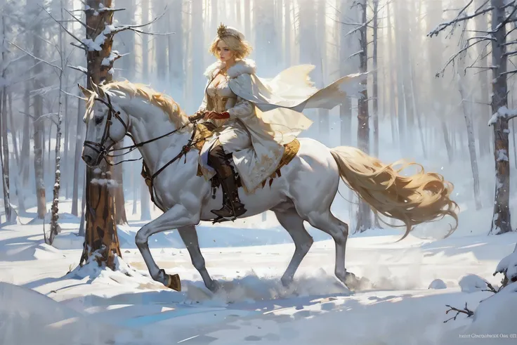 masterpiece, detailed, beautiful, oil painting, 1girl, empress, royal hat, wearing a white furcoat, white fur, riding a horse outside in the snow, pine forest, romantic, magical, fantasy, falling star, seductive, cleavage, large breasts, short blonde hair,...