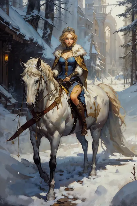 masterpiece, detailed, beautiful, oil painting, 1girl, empress, royal tiara, wearing a white furcoat, white fur, riding a (white horse:1.1) outside in the snow, red leather boots, pine forest, romantic, magical, fantasy, falling star, seductive, cleavage, ...