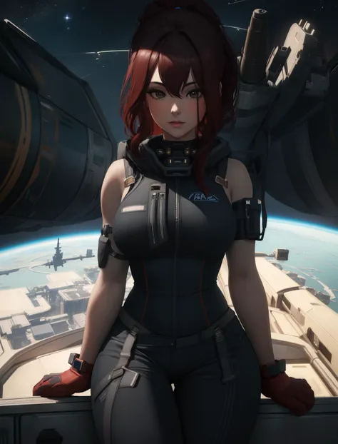 a woman in a futuristic space suit sitting on a ledge