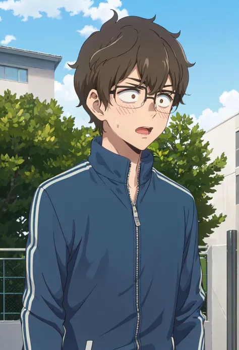 best quality, masterpiece, highres, solo, (hachiouji_naoto_donttoywithmemissnagatoro:1.10), 1boy, blue sky, cloud, day, male focus, outdoors, black-framed eyewear, blue jacket, track jacket, closed mouth, upper body, sweatdrop, blush, building, open mouth,...