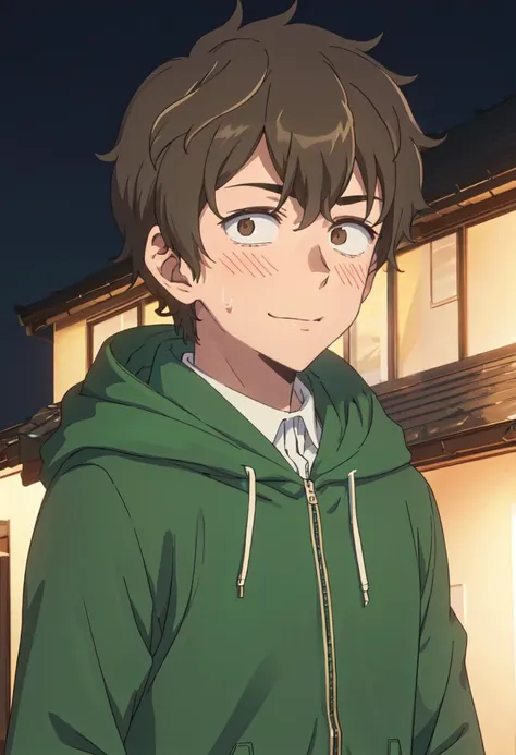 best quality, masterpiece, highres, solo, (hachiouji_naoto_donttoywithmemissnagatoro:1.10), 1boy, male focus, closed mouth, night, outdoors, sweatdrop, tree, upper body, green hoodie, green jacket, looking at viewer, smile, blush, anime_style, 12 <lora:hac...