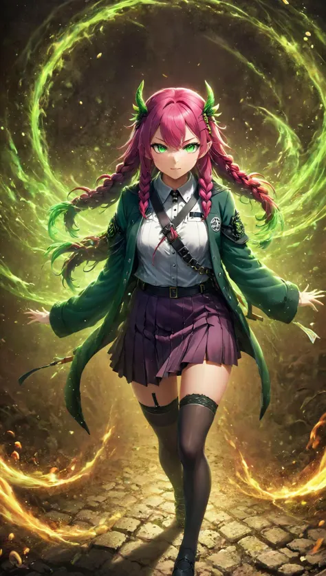 a girl with pink hair and green jacket walking through a dark area