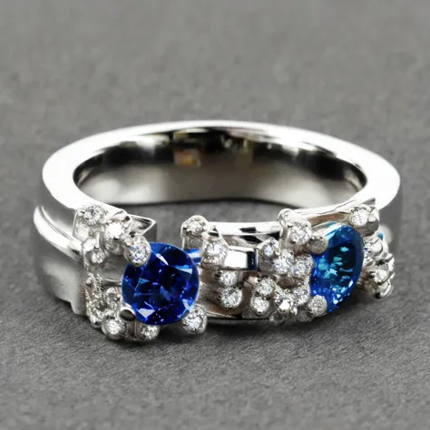 a close up of a ring with blue and white diamonds