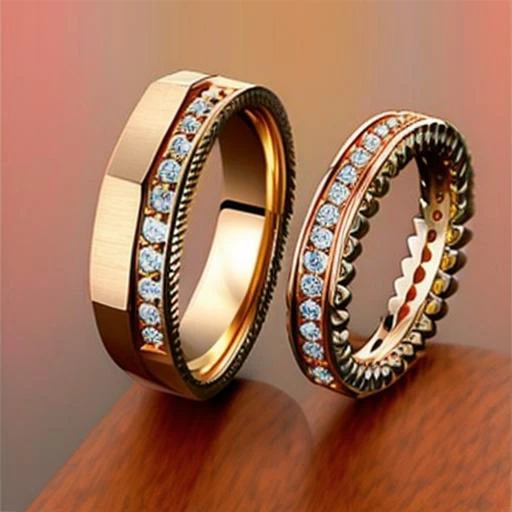 two wedding rings with diamonds on them sitting on a table