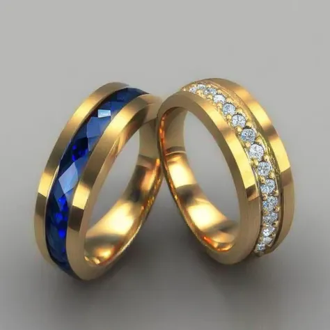 two gold wedding bands with blue sapphire and diamonds